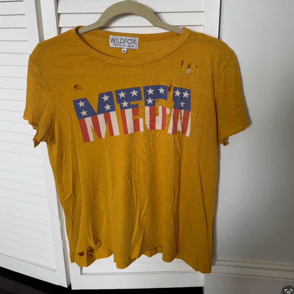 Wildfox MEGA Flag Mustard Yellow Distressed USA Flag Tee Shirt Top | Size Small